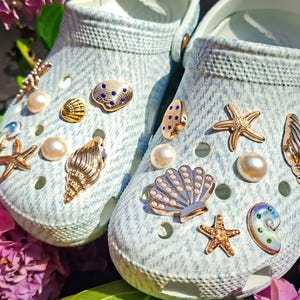 Gold Küsten Schuhanhänger | Set von 16 Muschel, Perle & Seestern Clips für Clogs