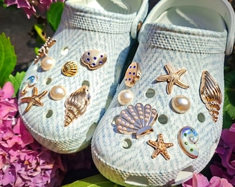 Gold Coastal Shoe Charms | Set of 16 Shell, Pearl & Starfish Clips for Clogs