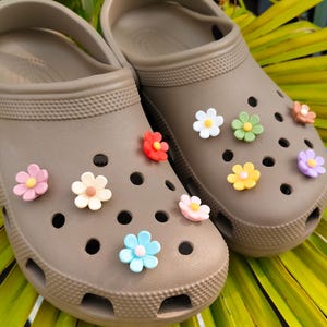 A pair of taupe clogs decorated with 10 colorful daisy flower shoe charms in assorted colors, displayed on tropical green leaves.
