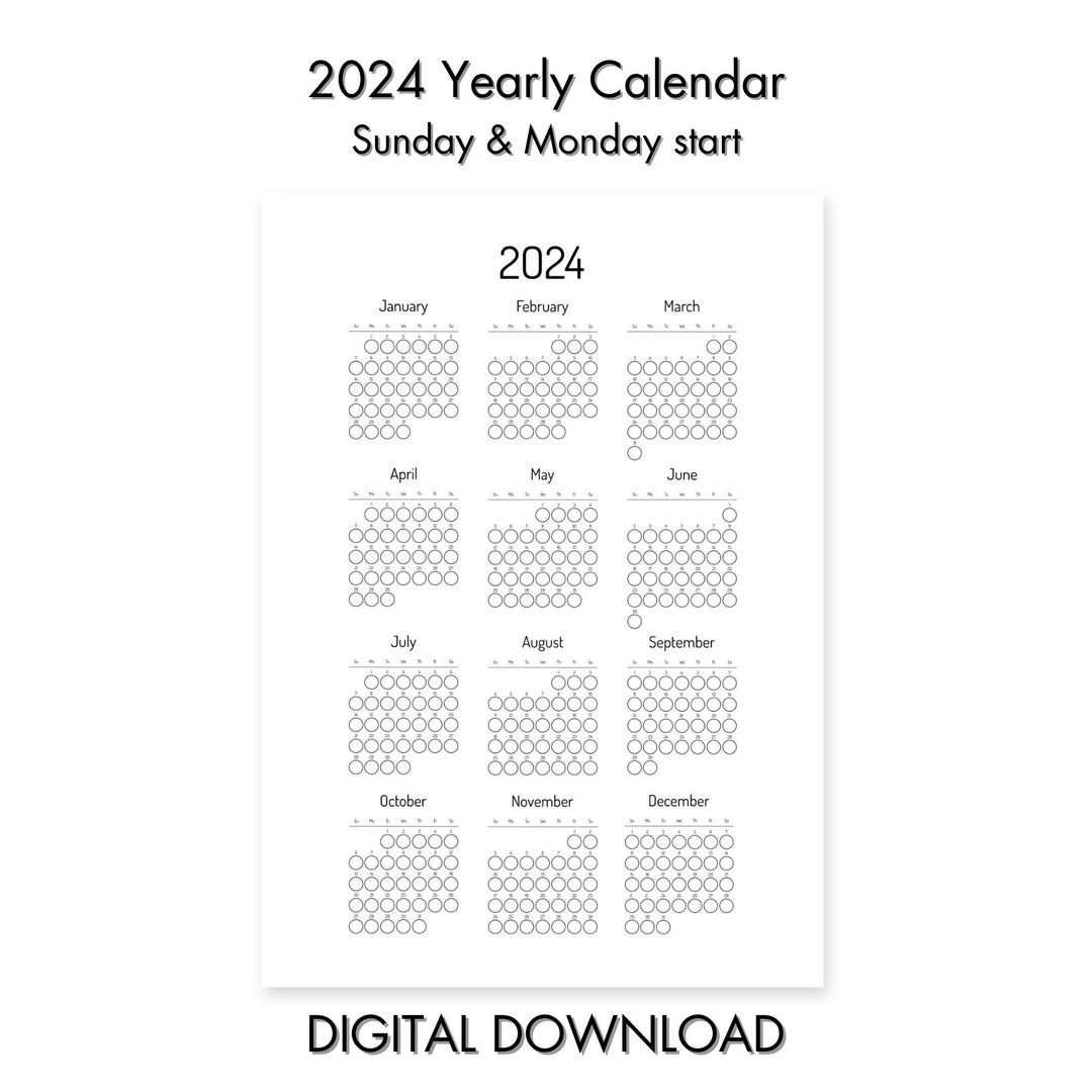 2024 Printable Yearly Checkbox Style Calendar A4 A3 PDF Sunday Monday ...