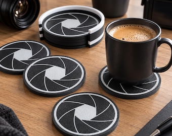 Camera Coasters, Set of 4 with Holder – Lens Design, 3D Printed | Gift for Photographers & Photography Decor