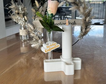 Candelabro personalizado con cruz y tubo de ensayo | Regalo para Confirmación, Primera Comunión o Bautismo | Portavelas de 40, 50 y 60 mm | Decoración individual