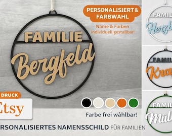 Corona personalizada para puerta "Familia + Apellido" | Anillo decorativo sostenible, colores personalizados, idea de regalo para la puerta principal y accesorio para el hogar, 3D