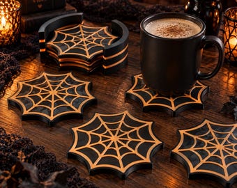 Halloween Coasters, Set of 4 with Holder – Spiderweb Design, 3D Printed | Gothic Halloween Decoration & Party Table Decor