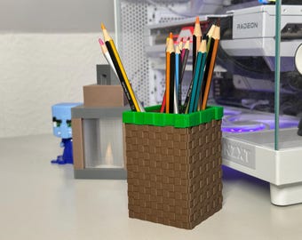 Portalápices con bloques de hierba | Inspirado en Minecraft | Decoración de escritorio | Organizador de bolígrafos