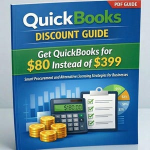 Può includere: Copertina di un libro blu con il titolo "QuickBooks DISCOUNT GUIDE" e il testo "Get QuickBooks per $80 invece di $399". La copertina presenta anche una calcolatrice, monete e un elenco di controllo.
