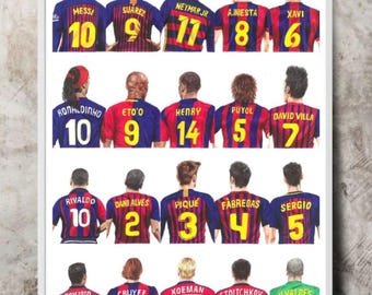 FC Barcelona Legends Art Print: Hand-Drawn Football Poster | Fc barcelona gift