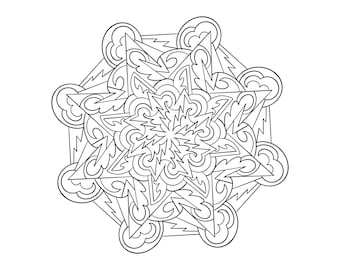 May include: A black and white intricate mandala design with a star-shaped center and a repeating pattern of swirls and lines.