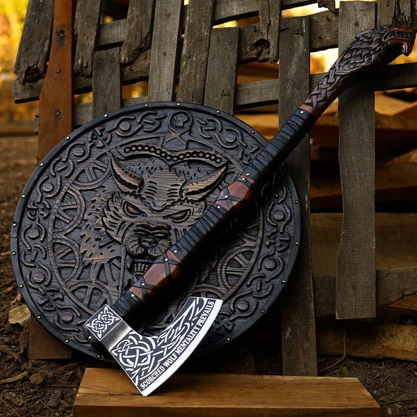 Legendary Norse Wolf head Engraved Axe & Shield Set Hand Forged Carbon Steel Axe Battle Ready axe Groomsmen gift best gift for husband