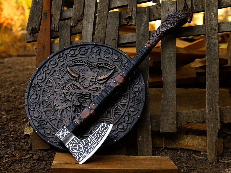Legendary Norse Wolf head Engraved Axe & Shield Set Hand Forged Carbon Steel Axe Battle Ready axe Groomsmen gift best gift for husband Viking Axe & Shield