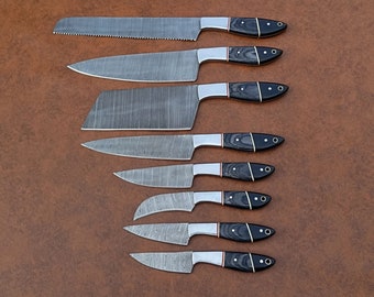 Handmade Damascus Chef set of 8pcs With Leather Cover,Kitchen knives set,Personalized gift,Kitchen knife set,Damascus knife,Christmas Gift