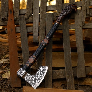 Legendary Norse Wolf head Engraved Axe & Shield Set Hand Forged Carbon Steel Axe Battle Ready axe Groomsmen gift best gift for husband image 5