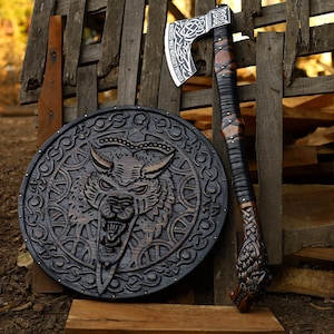 Legendary Norse Wolf head Engraved Axe & Shield Set Hand Forged Carbon Steel Axe Battle Ready axe Groomsmen gift best gift for husband image 2