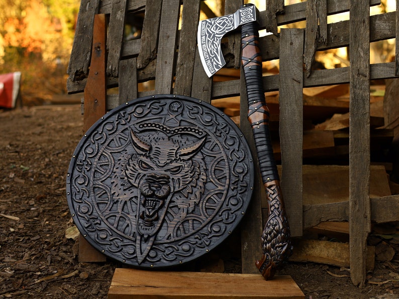 Legendary Norse Wolf head Engraved Axe & Shield Set Hand Forged Carbon Steel Axe Battle Ready axe Groomsmen gift best gift for husband image 2