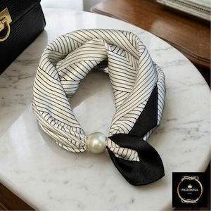 Printed Scarf with Pearl Buckle, Lightweight Neckerchief, Hair Wrap, Bag Accessory