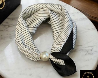 Printed Scarf with Pearl Buckle, Lightweight Neckerchief, Hair Wrap, Bag Accessory
