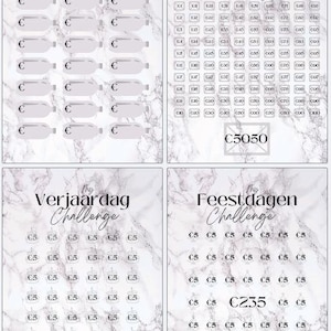 Op de afbeelding: Vier afdrukbare spaaruitdagingen op een marmerpatroonachtergrond. Elke uitdaging heeft een ander thema: "Statiegeld", "100 enveloppen", "Verjaardag" en "Feestdagen". De uitdagingen bevatten ruimtes om de besparingen in euro's bij te houden.