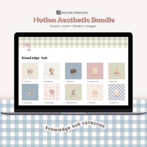 May include: A laptop screen displaying a Notion template titled Notion Aesthetic Bundle with a Knowledge hub section. The interface features a light green gingham header and ten square icons with pastel backgrounds and various illustrations.