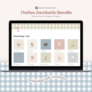 Può includere: Uno schermo di un portatile che mostra un Notion Aesthetic Bundle con il testo Made for Notion, Notion Aesthetic Bundle, Covers, Icons, Dividers, Images, Knowledge hub, e una griglia di dieci icone quadrate etichettate Finances, Geography, Business, Productivity, Wellness, Philosophy, Psychology, Neuroscience, Religion, e Chemistry.