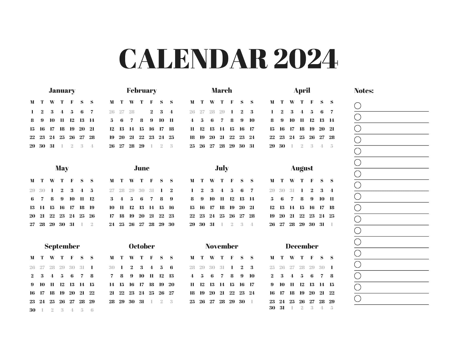 2024 Printable Calendar, Monthly Calendar, 2024 Calendar, Minimal