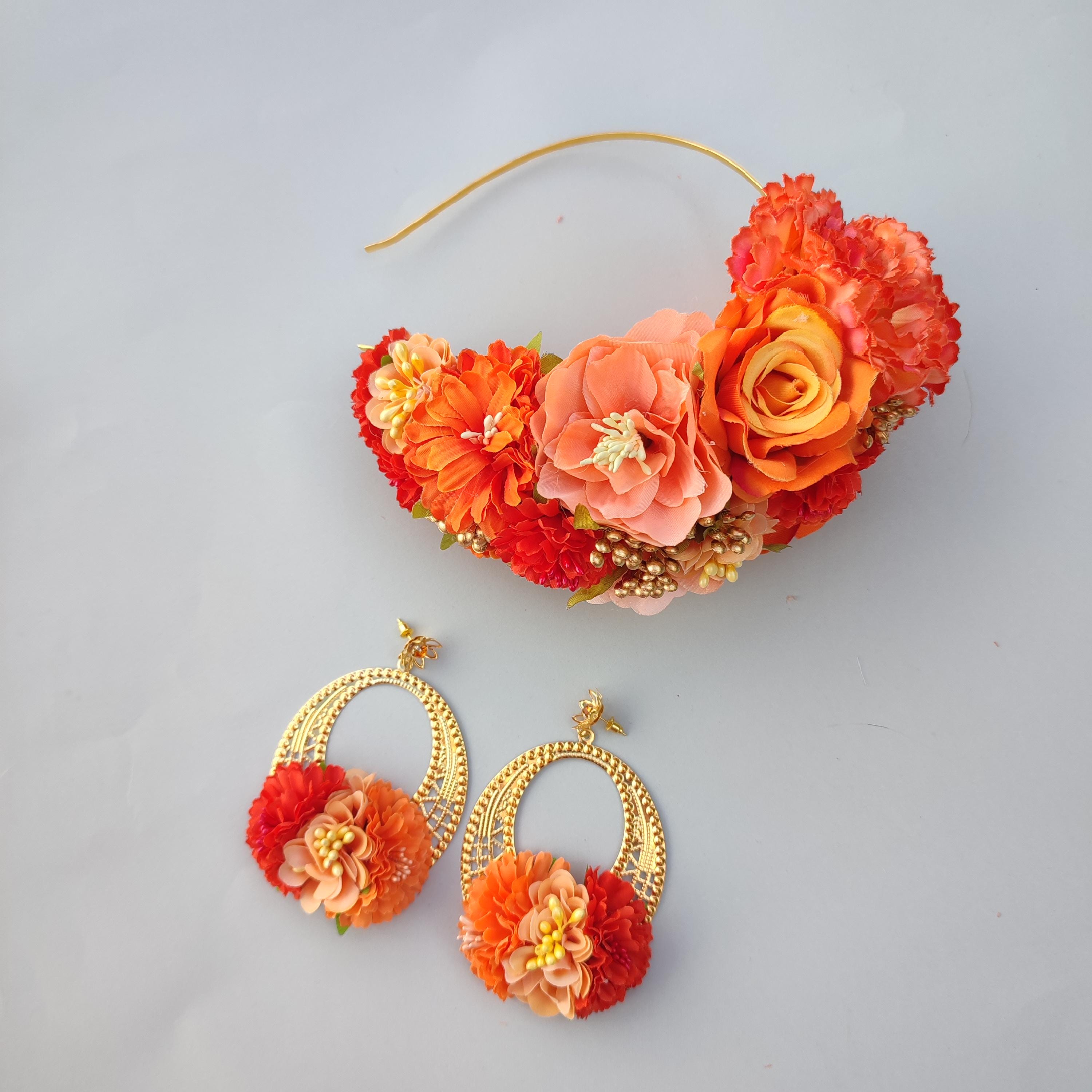 Blumenstirnband und orangefarbene Ohrringe, Blumenkopfschmuck, Flamenco-Kopfschmuck, Blumenstirnband für Veranstaltung, Flamenco-Kopfschmuck für Messe