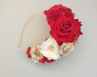 Rot, weiß und gold Flamenco-Stirnband, Blumen-Stirnband, Sevilla-Stirnband, Flamenco, Flamenco, Blumen-Kopfschmuck