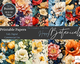 Könnte beinhalten: Ein digitales Papierpaket mit über 50 floralen Mustern in verschiedenen Farben, darunter Rot, Blau, Gelb und Weiß. Die Muster sind 12 Zoll mal 12 Zoll groß und perfekt zum Basteln und Scrapbooking.