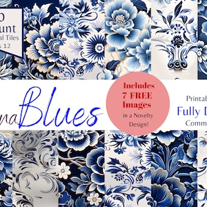 May include: A set of 30 digital printable papers featuring a blue and white floral pattern. The papers are 12 inches by 12 inches and are fully digital for commercial use. The set includes 7 free images in a novelty design.