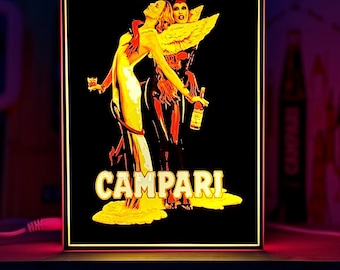 Letrero luminoso vintage de Devil Campari - muebles - bar - Italia - decoración - estilo del hogar - lámpara de escritorio - lámpara de pared - decoración de pared - póster