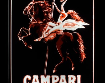 Letrero luminoso vintage de Campari - mujer - caballo - muebles - bar - Italia - decoración - estilo de hogar - muebles de bar - lámpara - póster