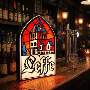 Letrero luminoso de cerveza Leffe - muebles - bar - lámpara de escritorio - decoración - pub - caverna - camarero - regalo - letrero de pub - cerveza - hogar