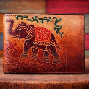 Hand Tooled Leather Bifold Wallet, Elephant Carving, Genuine Vegetable Tanned Calf Leather