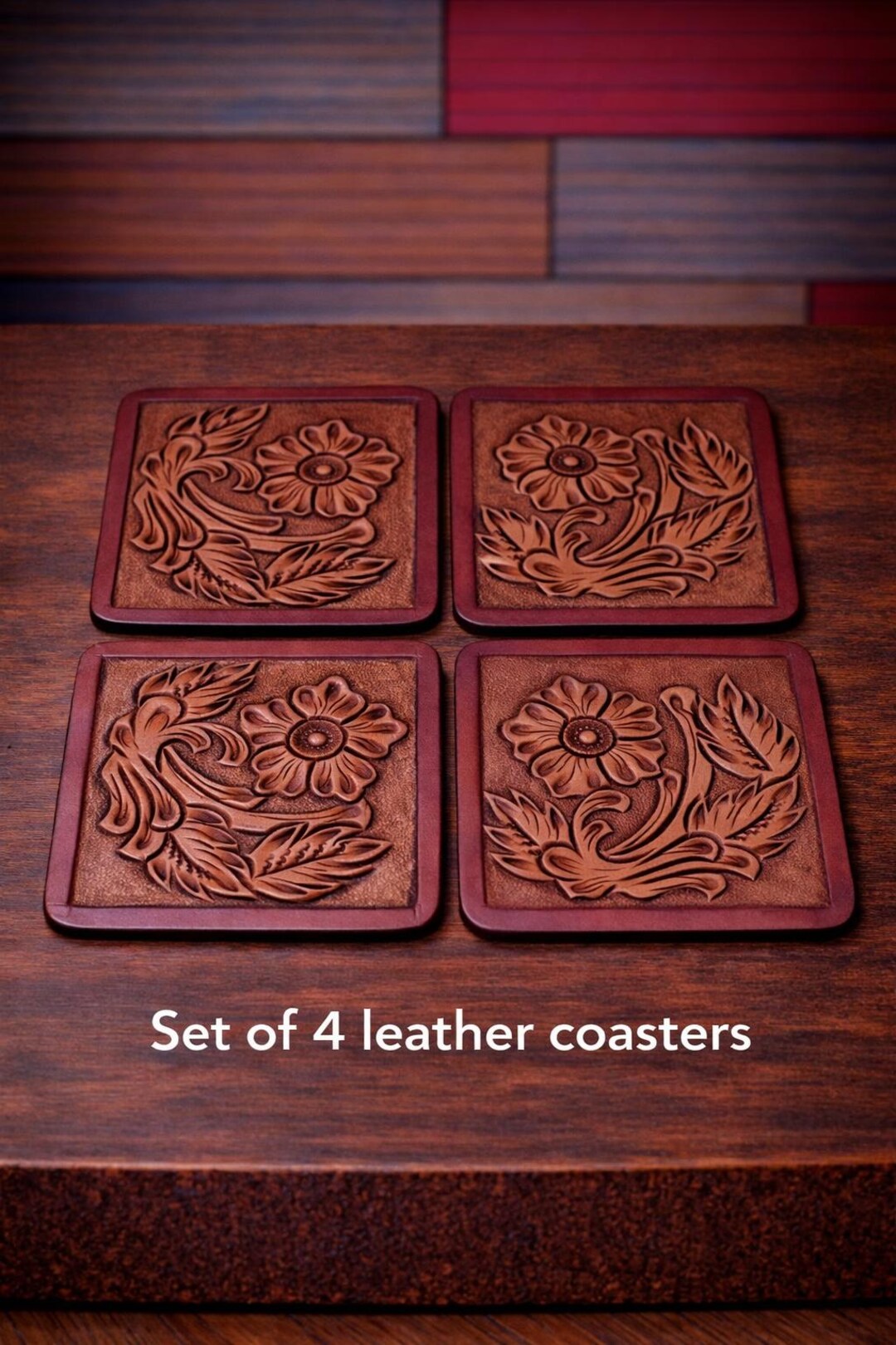 4 Pcs Handmade Leather Coasters Set – Rustic Floral Tooled Drink ...