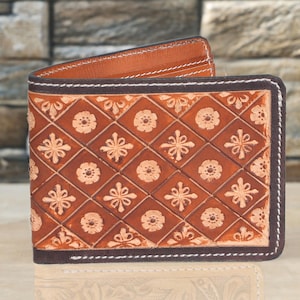 Cartera de cuero tallado para hombre, billetera tallada a mano, billetera plegable, billetera de vaquero occidental, regalo de aniversario para él, regalo para hombre, regalo para papá