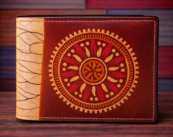Cartera plegable de cuero repujado a mano, cartera de cuero tallada a mano, cartera de cuero hecha a mano