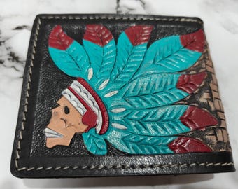 Cartera plegable de cuero repujado a mano, cartera de cuero tallada a mano, cartera de cuero hecha a mano