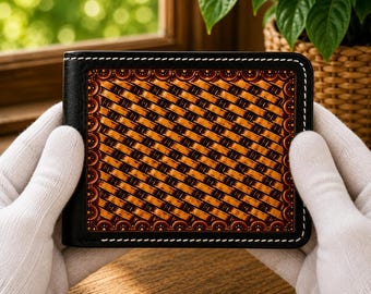 Cartera plegable de cuero repujado a mano, cartera de cuero tallada a mano, cartera de cuero hecha a mano