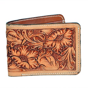 Carteira masculina de couro esculpido, carteira esculpida à mão, carteira dobrável, carteira de cowboy ocidental, presente de aniversário para ele, presente para homens, presente para o pai