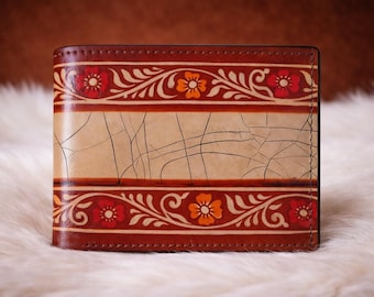 Cartera plegable de cuero repujado a mano, cartera de cuero tallada a mano, cartera de cuero hecha a mano