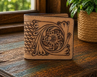 May include: A light tan leather bifold wallet featuring a hand-tooled floral design on the front panel. The surface displays a detailed carved flower surrounded by swirling acanthus leaves and a vertical basketweave pattern along the left side.