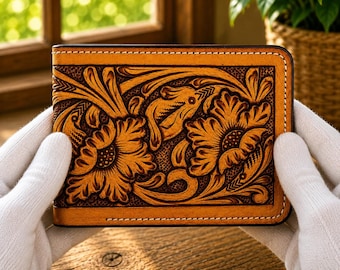 Cartera plegable de cuero repujado a mano, cartera de cuero tallada a mano, cartera de cuero hecha a mano