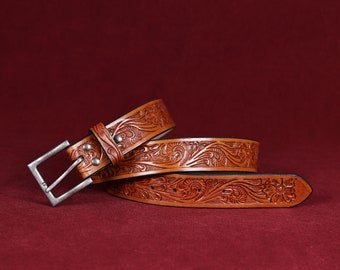 Hand Carved Leather Belt, Handmade Leather Belt ,Western Cowboy Belt, Anniversary Gift for Him Gift for Men, Gift for Dad