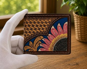 Cartera plegable de cuero repujado a mano, cartera de cuero tallada a mano, cartera de cuero hecha a mano