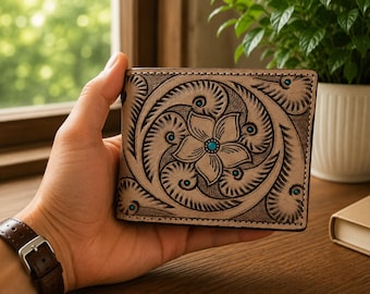 Portefeuille en cuir travaillé à la main | Portefeuille à deux volets orné de motifs floraux et d'une touche turquoise | Portefeuille style western | Cadeau fait main pour homme