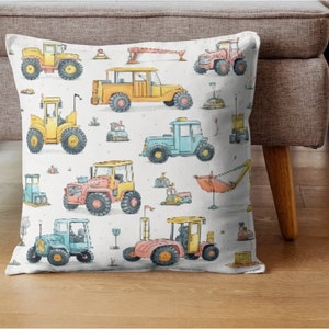 Funda de cojín con diseño de vehículos de construcción, equipo de dibujos animados para niños, grafiti de camión, excavadora y tractor, funda de cojín blanca, habitación de niños