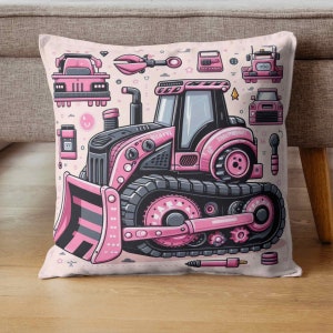 Cojín de maquinaria de equipo rosa, Funda de equipo de dibujos animados para niños, Bulldozer, Back-actor, Cojín y funda, Habitación de niñas, Guardería, Regalo