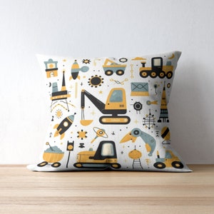 Almohada de maquinaria, funda de equipo de dibujos animados para niños, excavadora de camión amarilla, grafiti de tractor, funda de cojín blanca, habitación de niños, guardería, regalo
