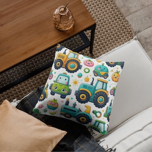 Traktor Kissen, Kinderkarikatur Kissenbezug, blau und weiß, Bagger, Zug Graffiti, weißer Kissenbezug, Jungenzimmer, Kinderzimmer, Geschenk