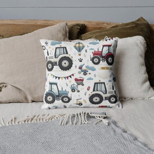 Almohada de tractor, funda de equipo de dibujos animados para niños, azul y blanco, globo aerostático, cohete, tren, funda de cojín blanca, habitación de niños, guardería, regalo