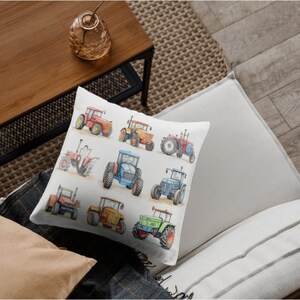 Funda de almohada de tractor con dibujos animados para niños, grafiti de tractor con excavadora y camión, funda de cojín blanca para habitación de niños.